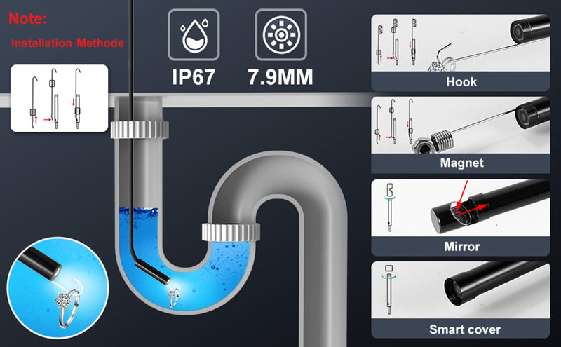 [Australia - AusPower] - Endoscope Camera with Light, 1920P HD Borescope, 8 Adjustable LED Light, IP67 Waterproof 16.4ft Snake Camera, Semi-Rigid Cable Inspection for Android, iOS 