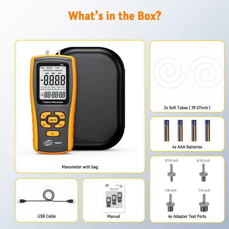 Digital Manometer Gas Pressure Tester, Professional Air Pressure Meter, Differential Pressure Gauge for HVAC, Gas Valve (GM520) GM520X