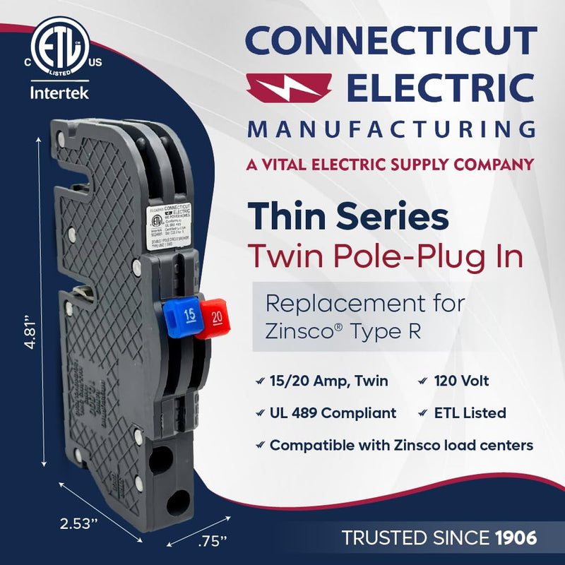 Connecticut Electric UBIZ1520 Newly Manufactured Zinsco R381520 Replacement, Twin/Tandem 15/20 Amp Thin Series Circuit Breaker, Gray