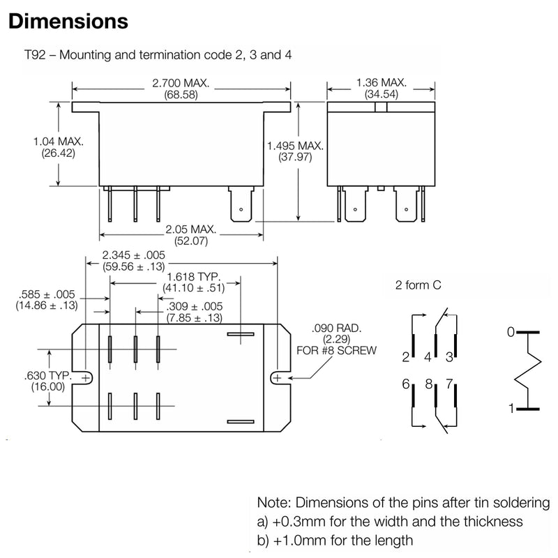 T92P11D22-12 Power Relay (Pack of 2) - DPDT, 12V DC Coil, 30A 120/277VAC General Purpose Relay