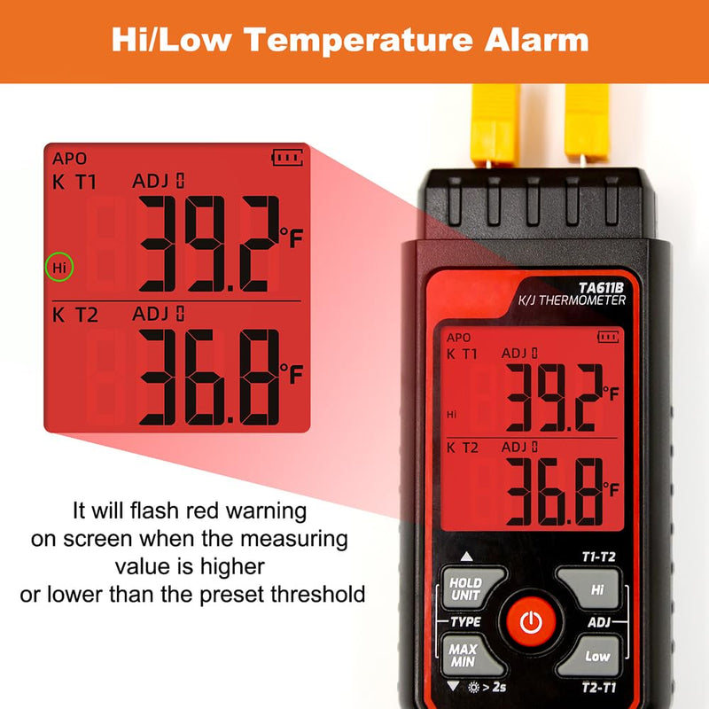 [Australia - AusPower] - Digital Thermocouple Thermometer Dual-Channel K/J Type Thermometer -328~2501℉ Wide Range Industrial HVAC Temperature Meter with 4PCS of K-Type Thermocouple Probes, Alarm,Temp Conpensation 