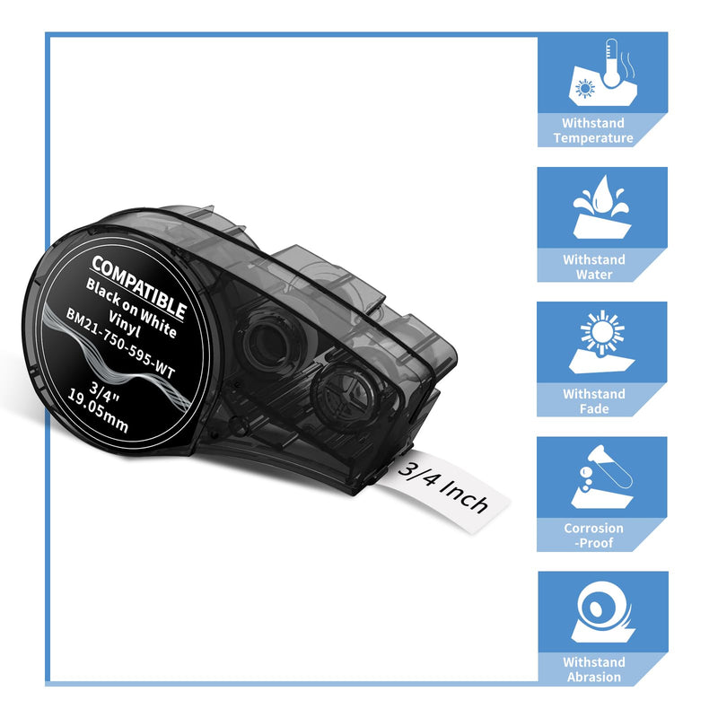 MarkDomain Compatible with M21-750-595-WT 3/4 Inch Black on White All-Weather High Adhesion Tape for Indoor/Outdoor Work with BMP21-PLUS, BMP21-LAB0, M210, M211, M210-LAB Label Printer, 0.75", 2-Pack 2PK Vinyl All-Weather High Adhesion Tapes
