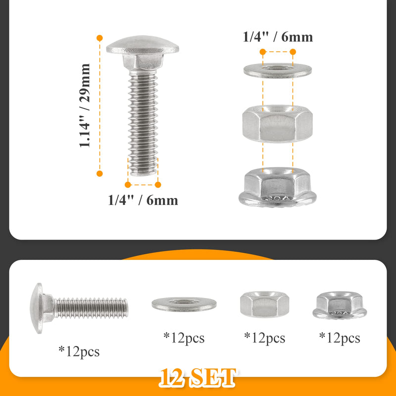 [Australia - AusPower] - 12pcs 1/4-20 x 1" Carriage Bolt Assortment Kit, 304 Stainless Steel Carriage Bolts Round Head Bolts with Flat Washers Hex Nuts Hex Flange Nuts 1/4-20 x 1" 12 