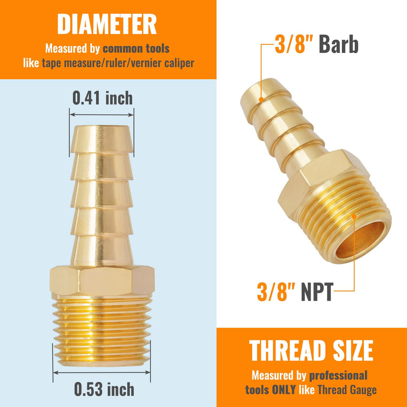 [Australia - AusPower] - SUNGATOR Air Hose Barb Fittings 3/8 Inch Barb × 3/8 Inch NPT, Brass Hose Barb Fittings, 3/8" Barb to 3/8" NPT Male Barbed Air Hose Repair Fitting Kit, Hose to Pipe Fitting Adapter Connector (6 Pack) 3/8'' Barb × 3/8'' NPT Male 