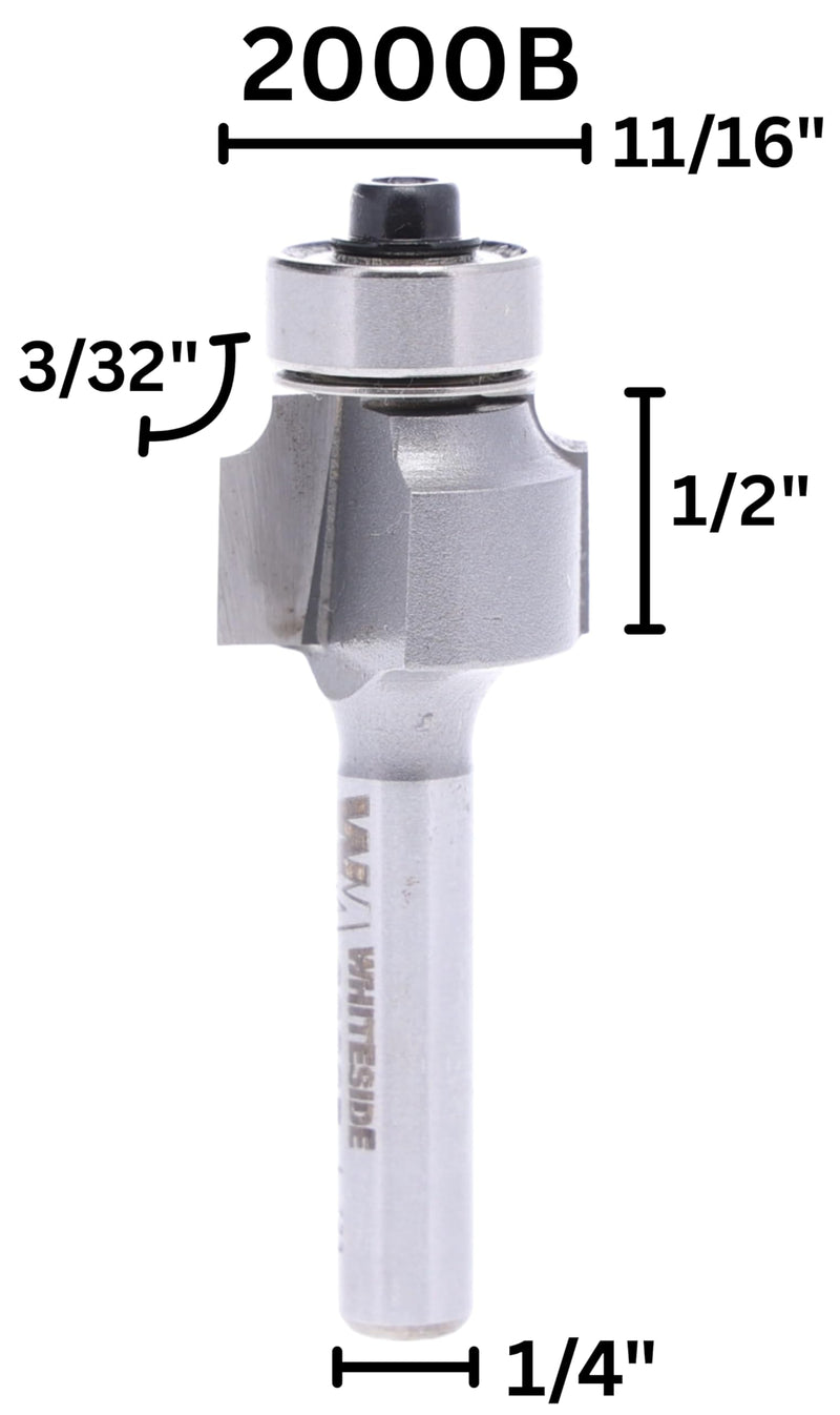 Whiteside 2000B Roundover Router Bit: 3/32 Inch Radius, 11/16 Inch Large Diameter, 1/4 Inch Shank, 1/2 Inch Cutting Length