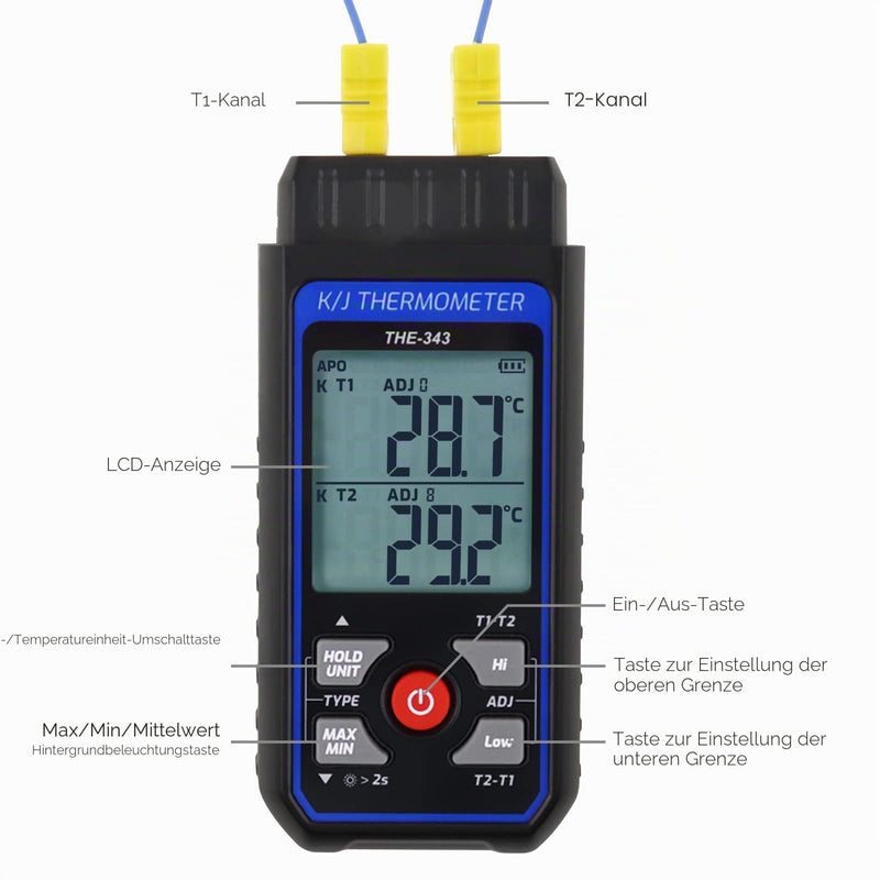Thermocouple Thermometer, Digital K Type Thermometer with 4 Thermocouples, -200-1372℃ Measuring Range HVAC Thermometer Dual Channels, Temperature Meter LED Backlight and ADJ Compensation
