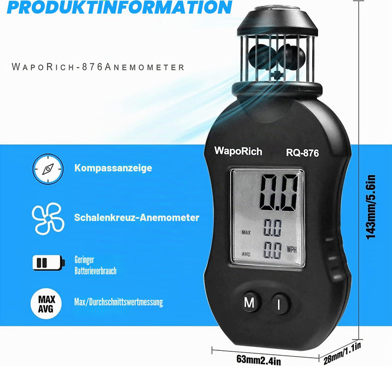 Mini Wind Gauge, 360° Cup Anemometer Handheld Wind Gauge Measures Wind Speed 0.7-42m/s with Compass for Sailing, Hunting, Drone Flight RQ-876