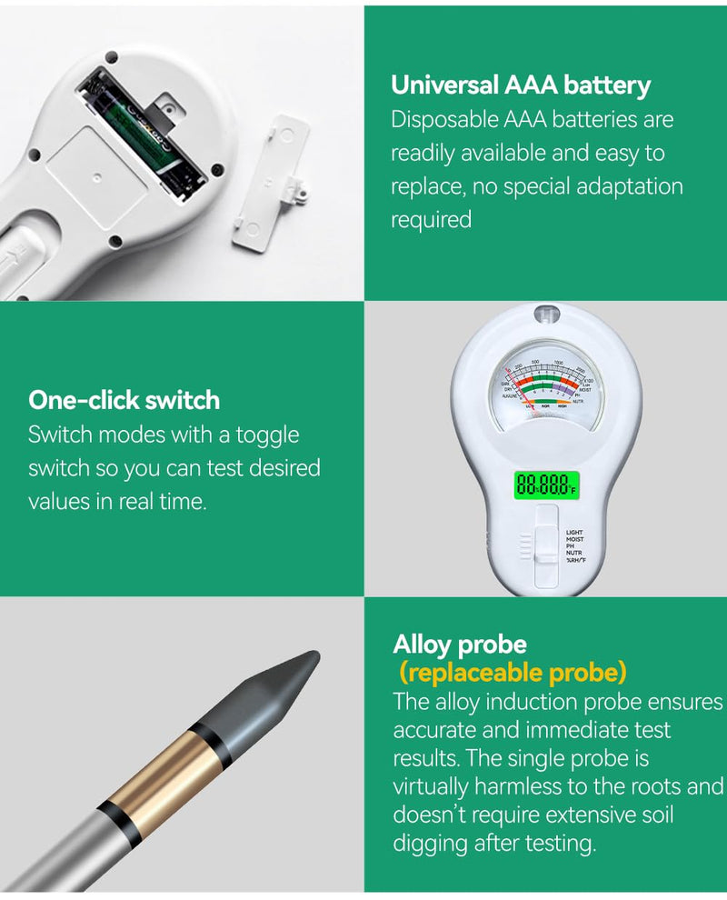 6in1 Multi-Function Soil Moisture Meters Tester Temperature/PH/Humidity/Moisture/Sunlight/Fertility Meter Soil Testing Analyzer Kit for Plants Farms Gardens Lawns Indoor Outdoor Plant Care