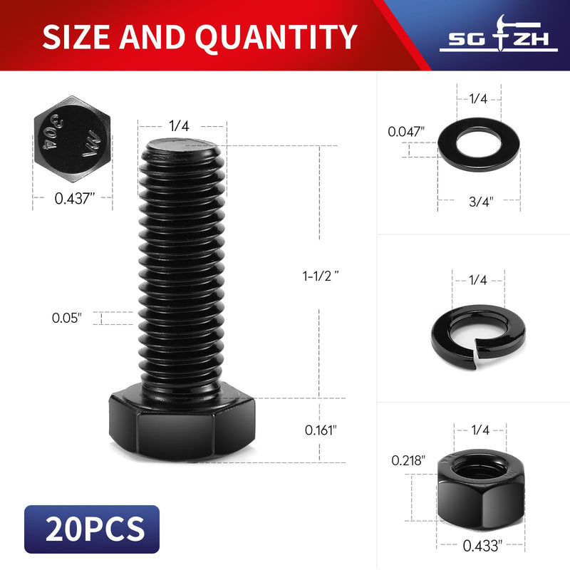 [Australia - AusPower] - 1/4-20 x 1-1/2" Hex Head Screw Bolt, Nuts, Flat & Lock Washers, 20Pcs 18-8 (304) Stainless Steel, Fully Threaded, Black Oxide by SG TZH 20 1/4-20 x 1-1/2" 