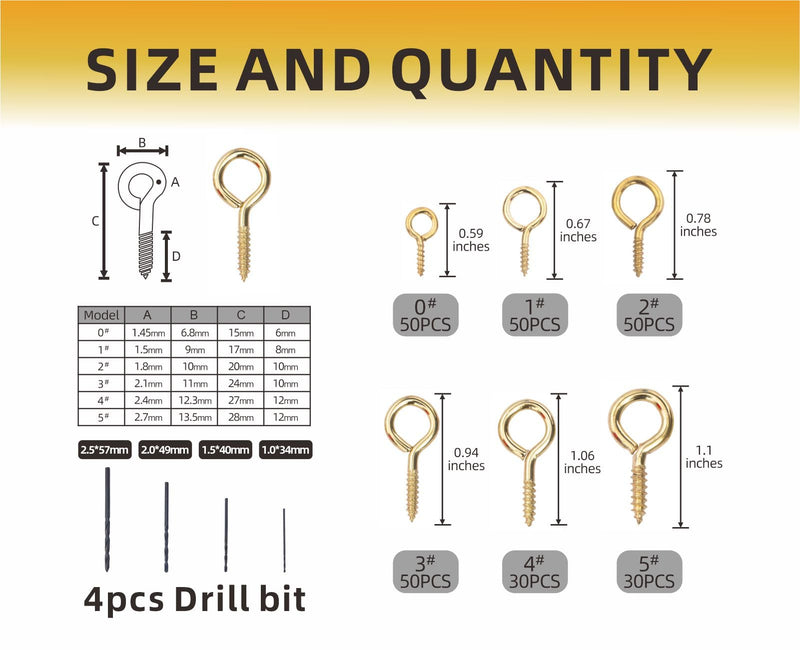 [Australia - AusPower] - 240PCS Eye Hooks Screw Metal 0.67 Inches-1.1 Inches Small Eyelet Screws for Wood (0#-5#) I Hooks Yellow+4pcs Drill Bit(1.0,1.5,2,2.5) Yellow 0#-5# 