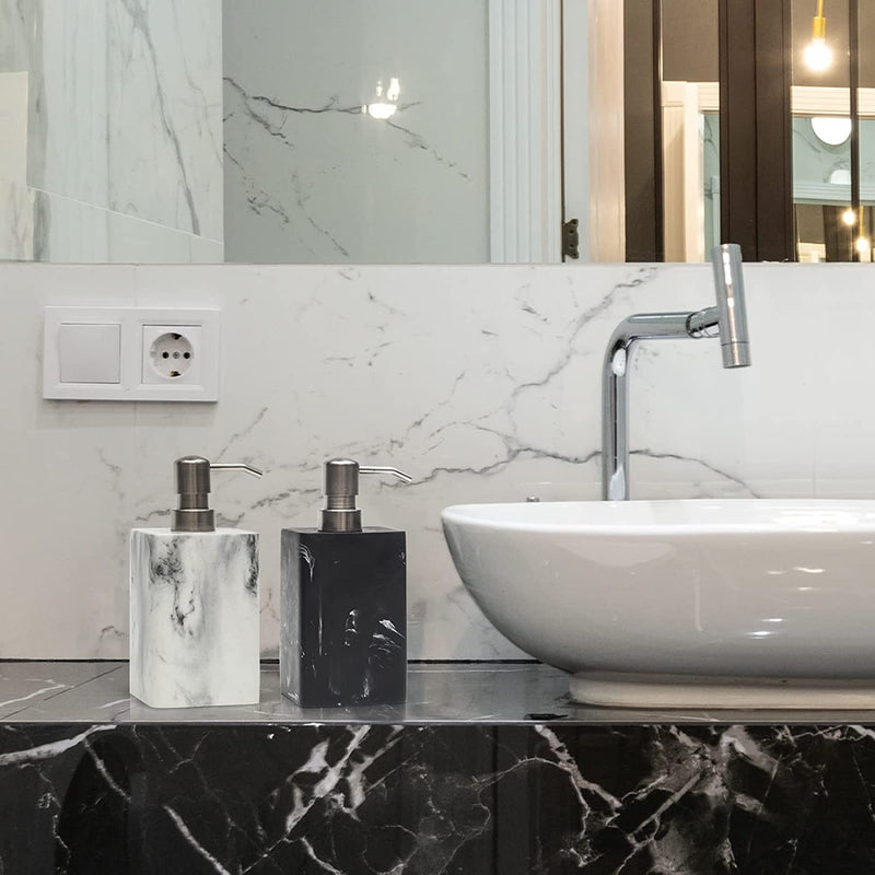 15Oz Marble Style Resin Soap Dispenser Set,2pcs Hand and Dish Soap Dispenser for Bathroom Countertop or Kitchen Sink,Refillable Decorative Liquid Soap Dispenser with Easy-Press Pump,White&Black