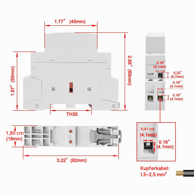 Heschen CT1-25 Household AC Contactor 2-Pole Open 220 V / 230 V Coil Voltage 35 mm DIN Rail Mount 230VAC 2NO 2P 1