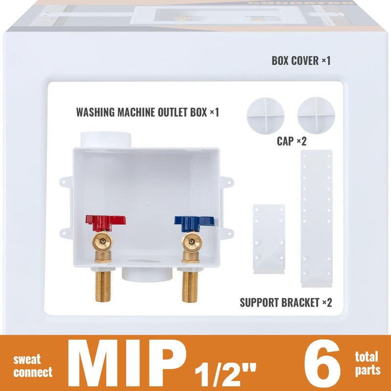SUNGATOR Mip Washer Valve Box, 1/2 Inch Mip (Sweat) Inlet x 3/4 Inch MHT Outlet, Sweat Washing Machine Box with Brass Valves Installed