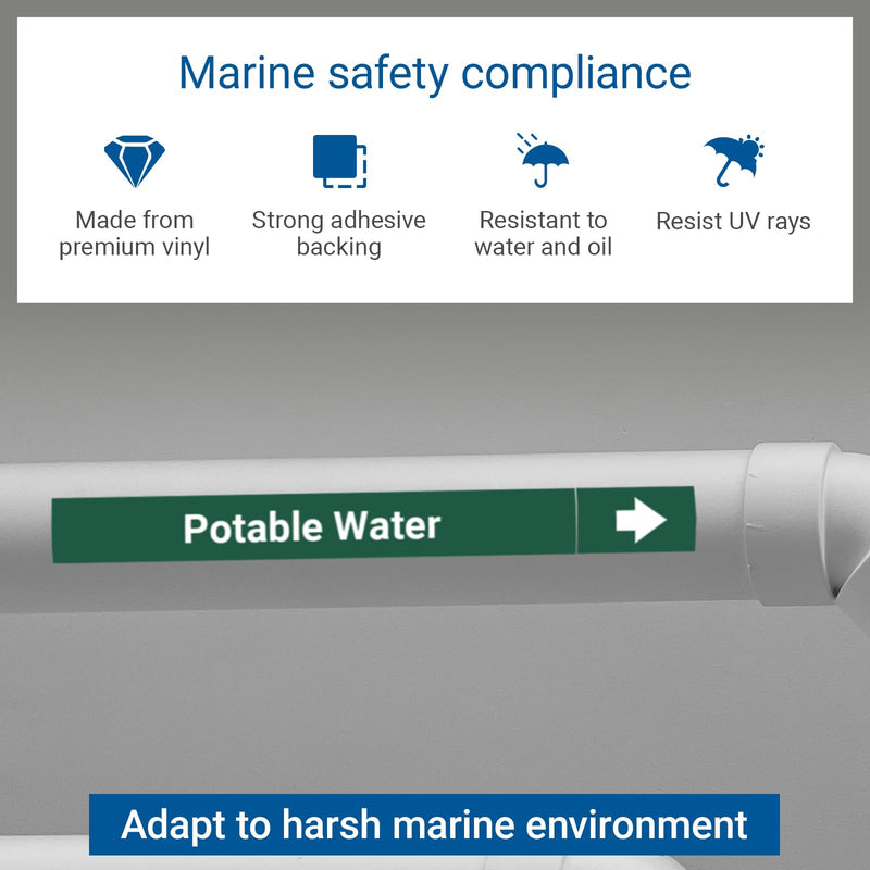 Marine Pipe Markers - Potable Water Safety Labels for Boat, Waterproof Self-Adhesive Pipe Identification Stickers, 1" H x 8" W, 25 Pcs/Roll (Potable Water)