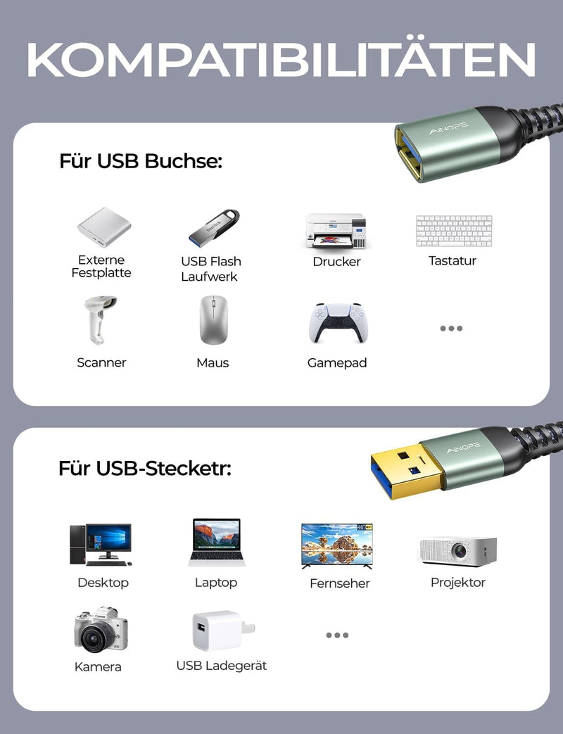 AINOPE Pack of 2 USB Extension Cable, USB 3.0, A-Male to A-Female Extension Cable with Elegant Aluminium Contacts, Nylon Fabric Casing, for Card Reader, Keyboard, Printer, Scanner | A male to A female with elegant aluminium connectors, nylon fabric jac...