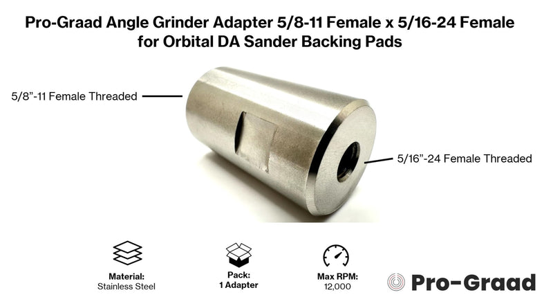 [Australia - AusPower] - 54040 Stainless Steel Angle Grinder Adapter 5/8-11 Female x 5/16-24 Female, Arbor Adapter compatible for use with 5/16”-24 Threaded DA Backer Pads on Angle Grinder with 5/8”-11 5/8-11 Female × 5/16-24 Female Adapter 