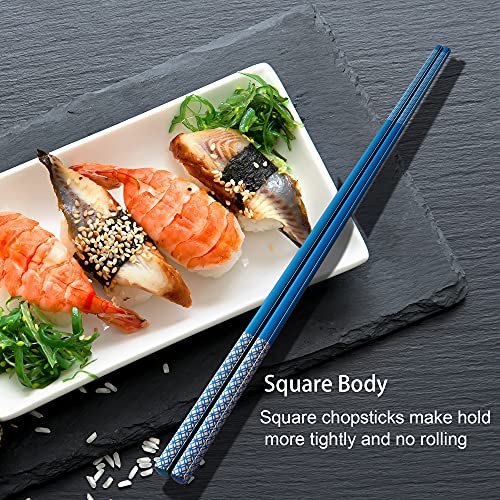 Metal Chopsticks Reusable Multicolor Stainless Steel Chopsticks Dishwasher Safe Chop Sticks Laser Engraved Copper Coin Pattern Square Non-slip, 9 1/4 Inches 5 Pairs Gift Set