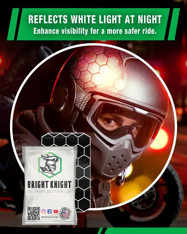 BRIGHT KNIGHT DECALS Hexagon Reflective Stickers for Helmet - Black, Pack of 2, Motorcycle Helmet Stickers, 3M Waterproof Reflective Vinyl Tape for Hard Hats, Cars & Bike Decals for Night Visibility 2 pk