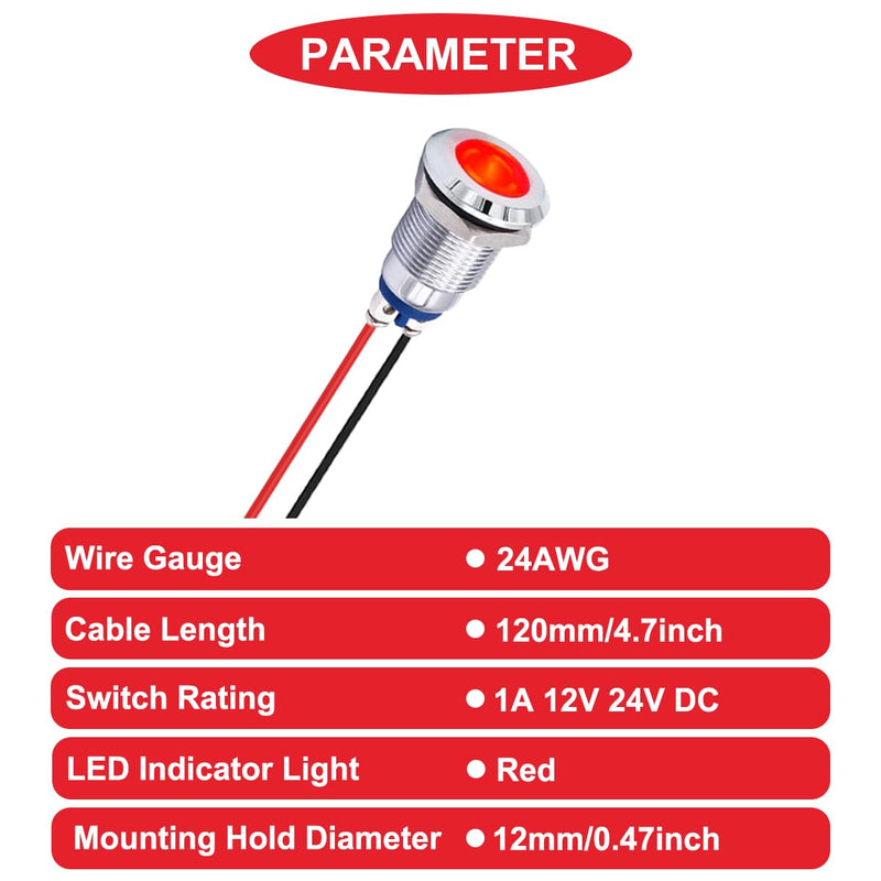 [Australia - AusPower] - 10Pcs Red Indicator Light 12mm 1/2" Waterproof IP67 Metal Signal Lamp 12V 24V AC/DC LED Pilot Dash Lamp Screw terminal Concave Head with 24AWG 120mm Terminal Wires for Car Boat Gauge Cluster N.10 x 12mm Red LED Indicator Lights 12v 