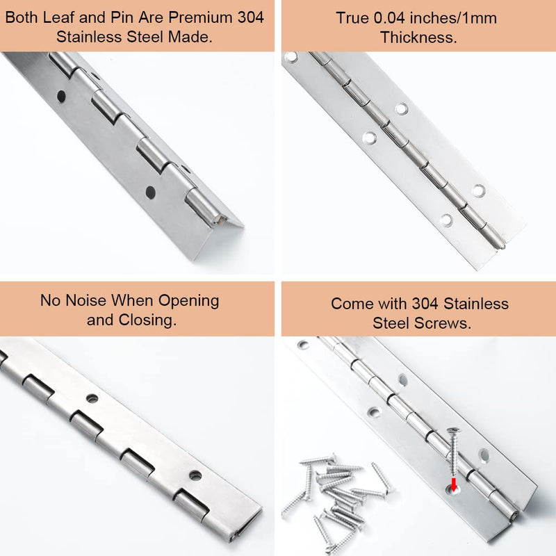 6 Pack 12 Inch Piano Hinge, Heavy Duty Continuous Hinge with Holes for Cabinets Boat Marine Door, 304 Stainless Steel 0.04" Leaf Thickness 1.2'' Open Width Sliver