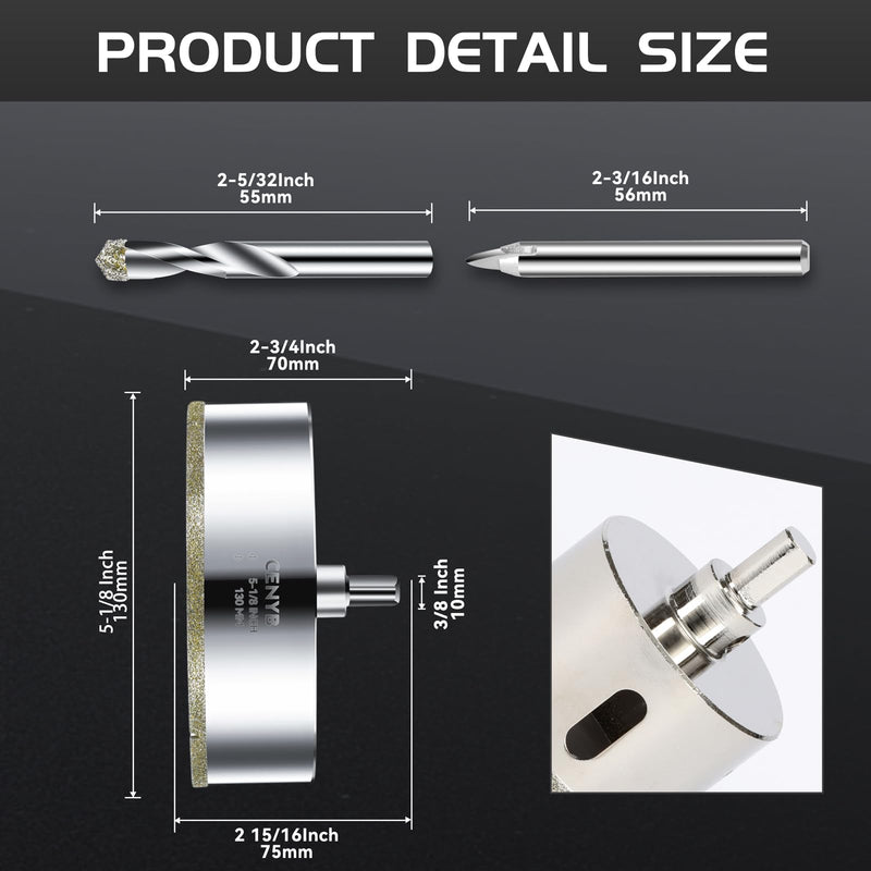 5-1/8inch | 130mm Diamond Hole Saw with Center Drill bit and Diamond-Coated Center Drill bit for Ceramic Glass Marble Fiberglass Granite and Porcelain Tiles by CENYB 130mm | 5-1/8inch