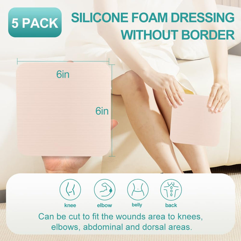 [Australia - AusPower] - Dimora Silicone Foam Dressing Without Border - 6"x 6" Highly Absorbent Adhesive Bandages for Wounds Cuttable Pads for Wound Care 5 Pack 6 x 6inch(5 PCS) 