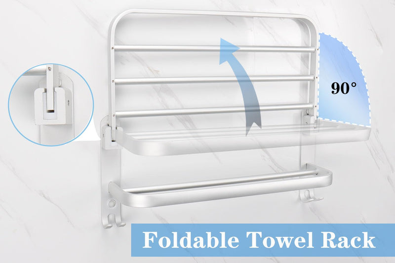 Towel Rack for Bathroom, Bath Towel Holder with Double Towel Bar and Fold-able Towel Shelf, Rustproof Towel Organizer Wall Mounted Towel Storage Hanger for Bath/Balcony/Lavatory(24In Sliver) 24 IN+3 Hook