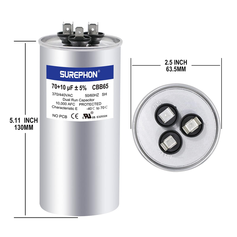 [Australia - AusPower] - CBB65 70/10 uF 70+10 MFD 370V or 440 Volt Dual Run Capacitor Air Conditioner Capacitors for AC Unit Fan Motor Start, Heat Pump, or Condenser Straight Cool 70+10MFD 