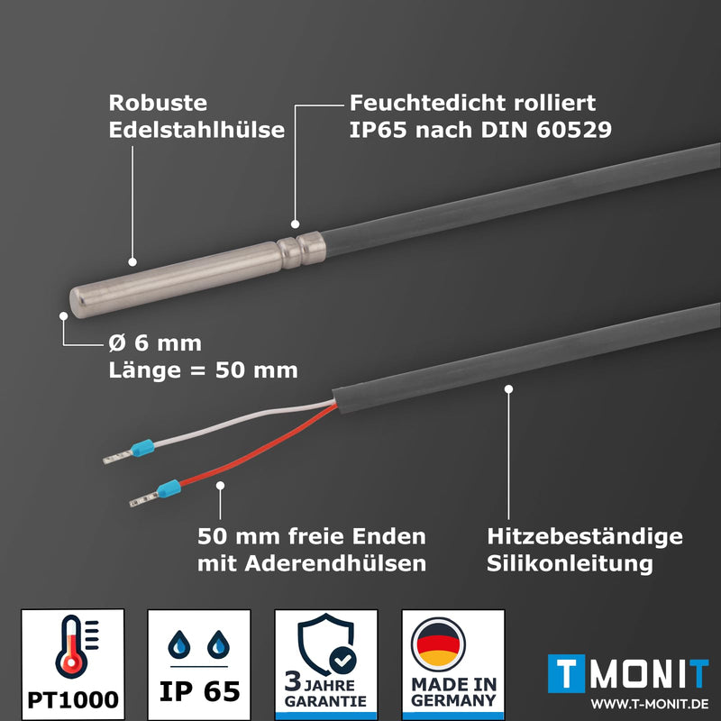 [Australia - AusPower] - Tmonit - PT1000 Temperature Sensor with Silicone Cable, up to 200 °C - Robust Cable Sensor for Industry, HVAC & Smart Home - Made in Germany 1,5m Silikon-Leitung 