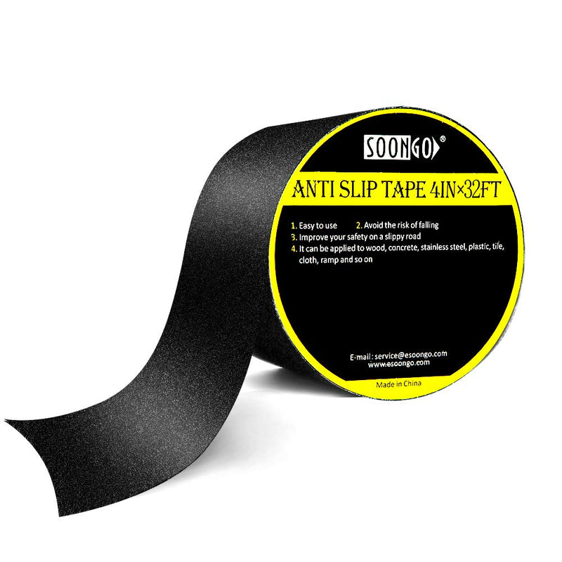 SOON GO Anti Slip Grip Tape 4 Inch x 32 Feet Heavy Duty Traction Increase Friction Abrasive Strong Adhesive for Stairs Tread Step Floor Indoor Outdoor Black Black no glow
