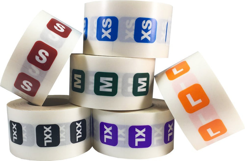 XS-XXL Clothing Size Strip Labels for Retail Apparel 1.25 x 5 Inch 1 Roll Per Size 125 Adhesive Stickers Per Roll 750 Adhesive Stickers Bulk Pack