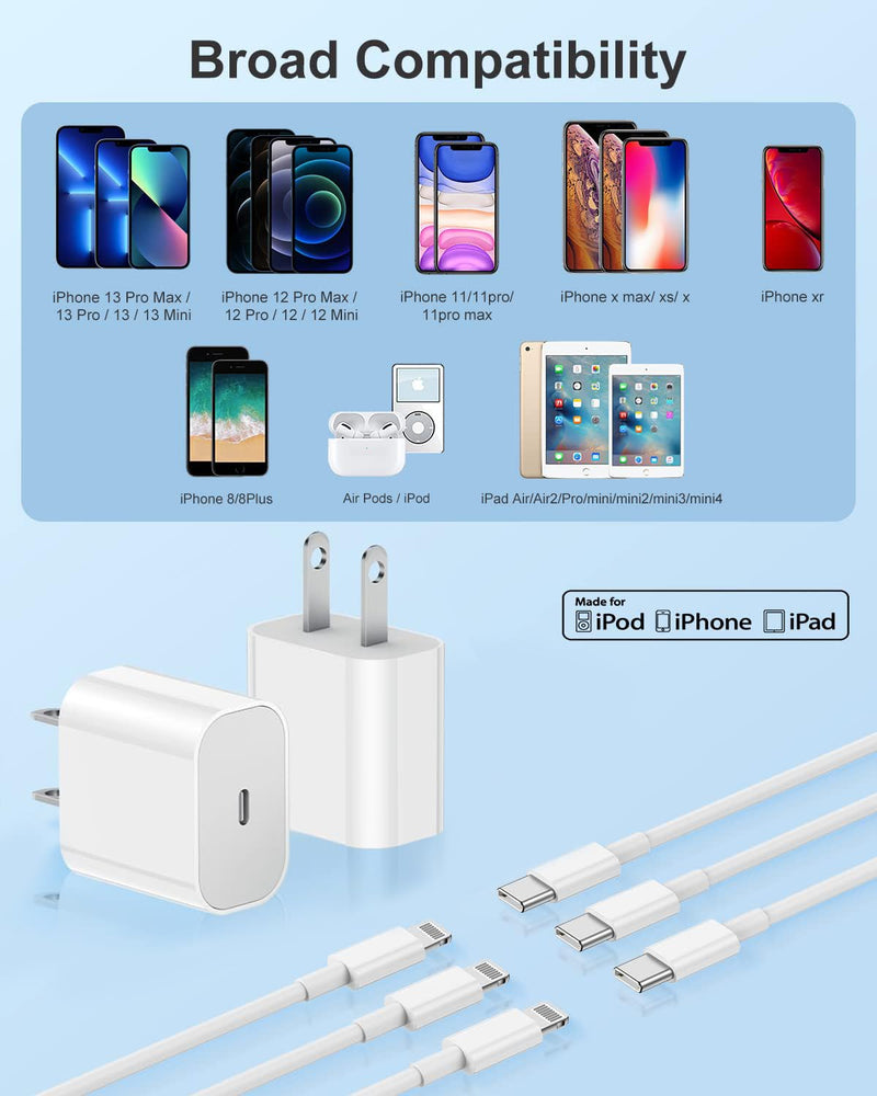 [Australia - AusPower] - iPhone 14 13 12 Charger Fast Charging, 2 Pack 20W Fast PD USB C Wall Charger Adapter with 3Pack 6Ft USB C to Lightning Cable (MFi Certified) for 14/14 Plus/14 Pro/14 Pro Max/13/ White iPhone 14-6FT 