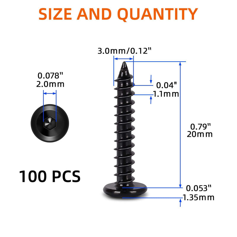 [Australia - AusPower] - M3 x 20mm Flat Head Socket Cap Self Tapping Screws, 304 Stainless Steel, Hex Drive, Black Finish, 100 PCS M3 x 20mm 