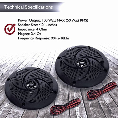 Pyle Marine Speakers - 4 Inch 2 Way Waterproof and Weather Resistant Outdoor Audio Stereo Sound System with 100 Watt Power and Low Profile Slim Style Design - 1 Pair - PLMRS4B (Black) 4.0" inch Speakers