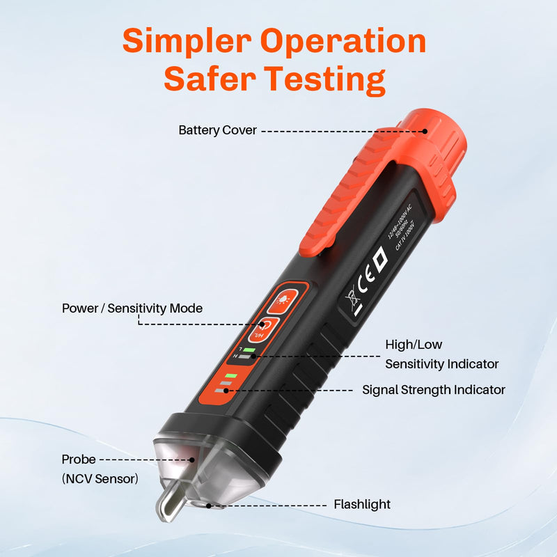 [Australia - AusPower] - Non Contact Voltage Tester Pen, Electrical Tester Pen, AC 12/48-1000V Dual Sensitivity, Live/Neutral Wire Detector with LED Flashlight & Audible Alarm, Safety Certified, Breakpoint Finder 