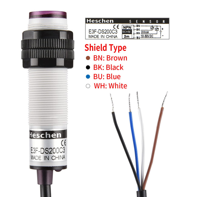 [Australia - AusPower] - Heschen M18 Column Infrared Photoelectric Proximity Switch, Diffuse Reflection Type, E3F-DS200C3, Detection Distance 10-200CM, 10-30VDC 200mA, NPN NO+NC, 4 Wire 
