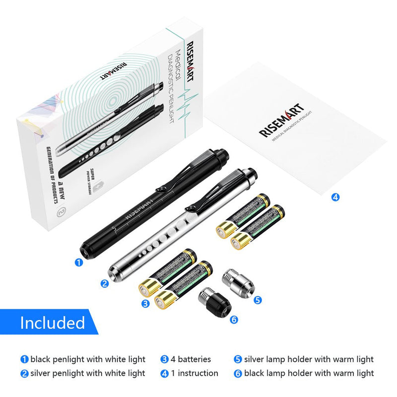 [Australia - AusPower] - RISEMART Pen Light, Nurse Led Medical Penlight with Pupil Gauge for Nursing Students Doctors Black and Silver with Batteries 