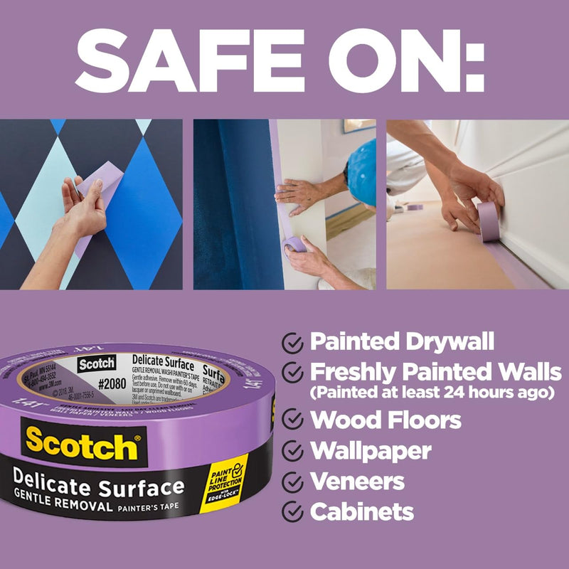 Scotch Delicate Surfaces Painters Tape, Damage-Free Painting Prep, Protect Delicate Surfaces, UV & Sunlight Resistant, Solvent-Free Adhesive, Indoor Masking Tape, 0.94 in x 60 yd, (Pack of 3)