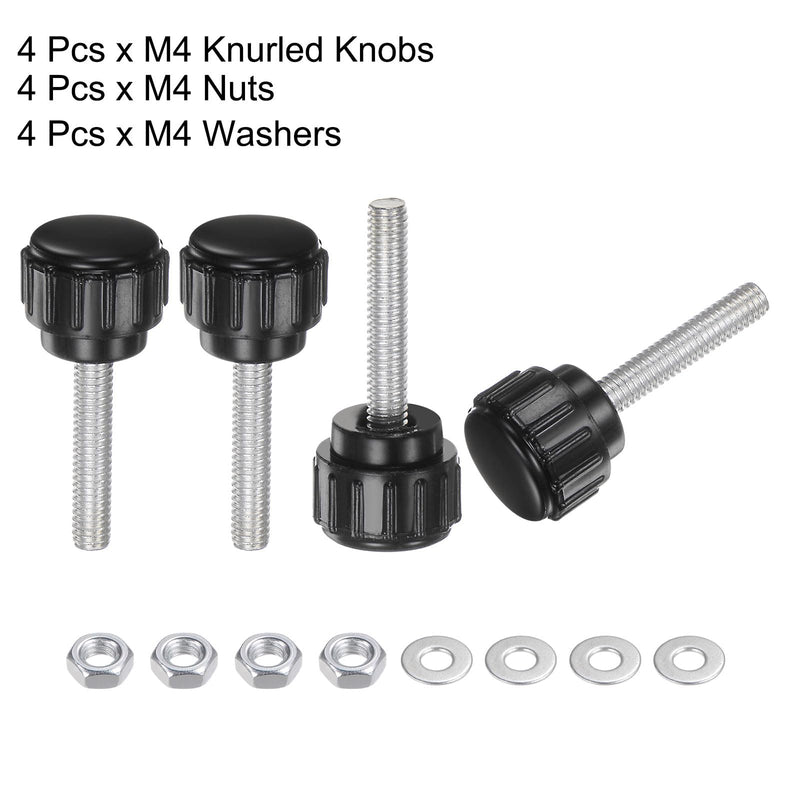 [Australia - AusPower] - uxcell 4 Sets Knurled Knobs Thumb Screws with Nuts Washers, Metric M4 x 20mm Male Thread 14mm Plastic Head, Zinc Plated Carbon Steel Stud Hand Knobs Clamping Thumbscrews Handles, Black M4 x 20mmx 14mm 