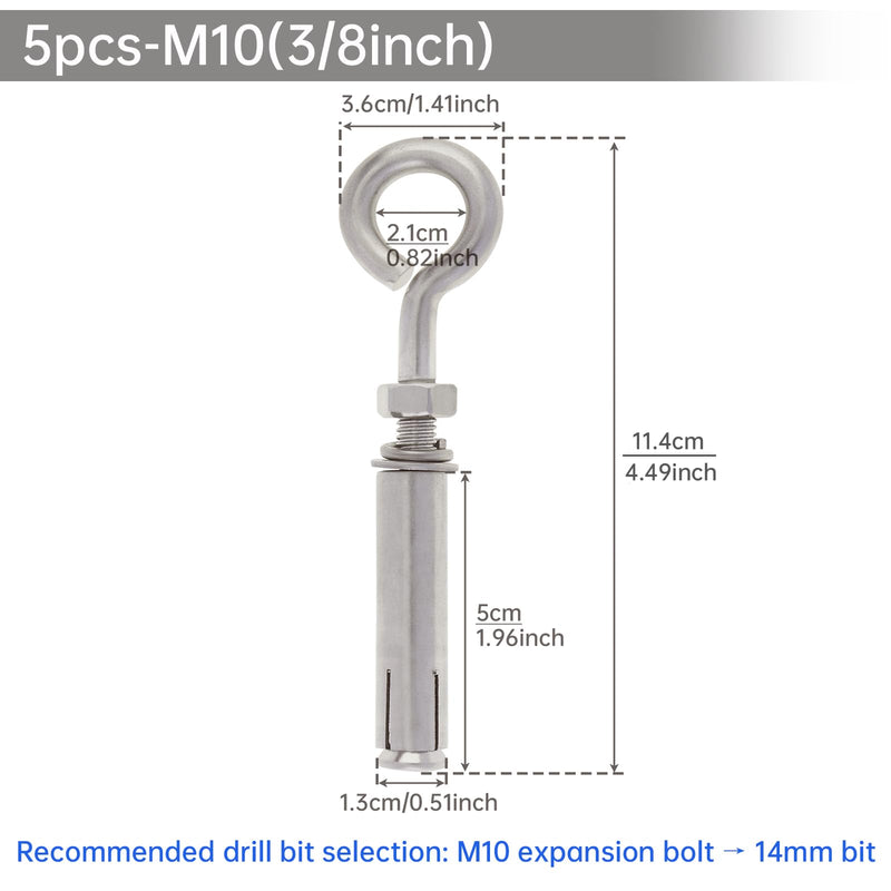 [Australia - AusPower] - 5 Pack M10*117mm Concrete Eye Bolt, PNXKTXO Eyebolt Screw Hooks Stainless Steel Wall Concrete Brick Anchor, Heavy Duty Eyebolts Expansion Lifting Ring Bolt Fastener 3/8" 5PCS - M10 3/8inch 
