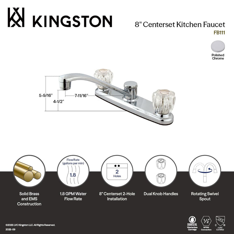 Kingston Brass FB111 7-5/8-Inch in Spout Reach Americana 8-Inch Kitchen Faucet Without Sprayer, Polished Chrome
