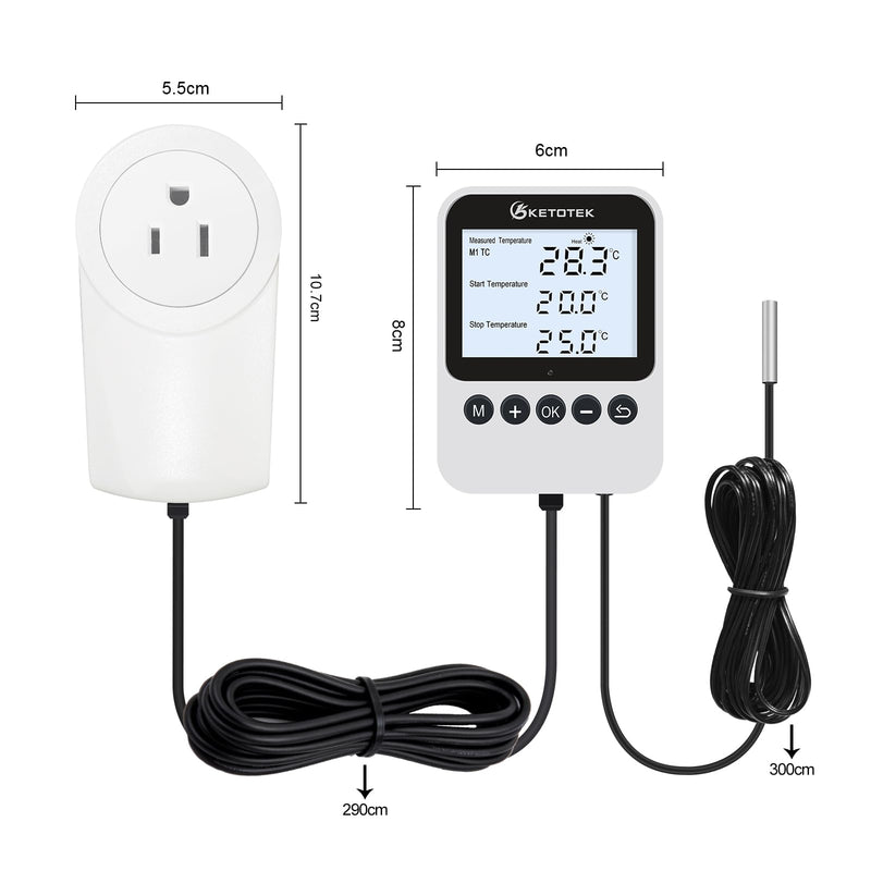 KETOTEK 3-in-1 Plug-in Thermostat Outlet, Digital Day/Night Temperature Controller with Timer & Probe for Reptile Terrarium, Greenhouse & Brewing — Heating & Cooling Mode, 120V, °F/°C Switchable
