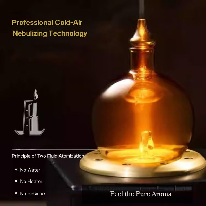 Cordless Aroma Oil Nebulizer - Waterless Diffuser for Essential Oil with Glass & Wood, Rechargeable Portable Nebulizing Machine, Battery Operated up to 40h - Gold & Fire Original Design No Scents Included