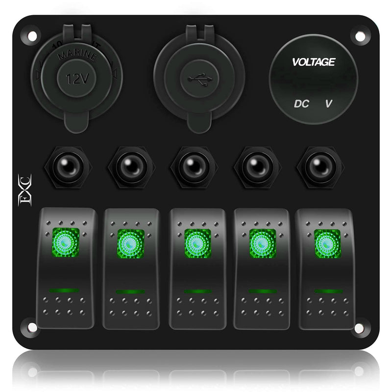 FXC Waterproof Marine Boat Rocker Switch Panel 5 Gang with QC3.0 USB & Type-C Slot Socket + Cigarette Lighter +LED Voltmeter with Overload Protection for Car Rv Vehicles Truck (5 Gang Green LED)