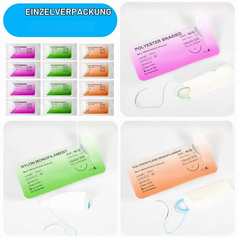 Pack of 12 Suture Material with Exercise Needles, Refill Pack for Surgical Suture Set, Ideal Suture Exercise Thread for Students, Needle and Thread Set, Wound Suture Kit Addition, Ideal Suture Exercise Thread