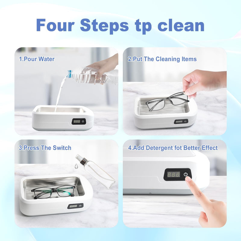 [Australia - AusPower] - Ultrasonic Jewelry Cleaner, 22oz Jewelry Ultrasonic Cleaner 48W Portable Professional Ultrasonic Cleaner for Jewelry, Eyeglass, Watches, Dentures, Ring, Blade Razor 640ml 48KHz(White) 