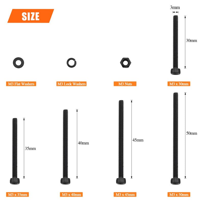 [Australia - AusPower] - 400 Pieces M3 x 30mm /35mm /40mm /45mm /50mm, Hex Socket Head Cap Metric Screws Bolts Washers Nuts Kit, 12.9 Grade Alloy Steel, Fully Threaded, Black M3 x 30/35/40/45/50mm 