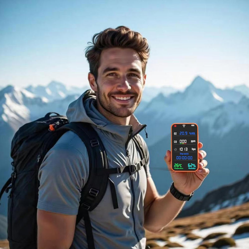 [Australia - AusPower] - 7-in-1 Portable Oxygen Monitor, Environmental O2 Monitor with Air Pressure, Temperature, Humidity, Stopwatch Rechargeable 3000mAh Battery, SD Card Data Logging Device for Hiking, Camping & Outdoor Use Orange 