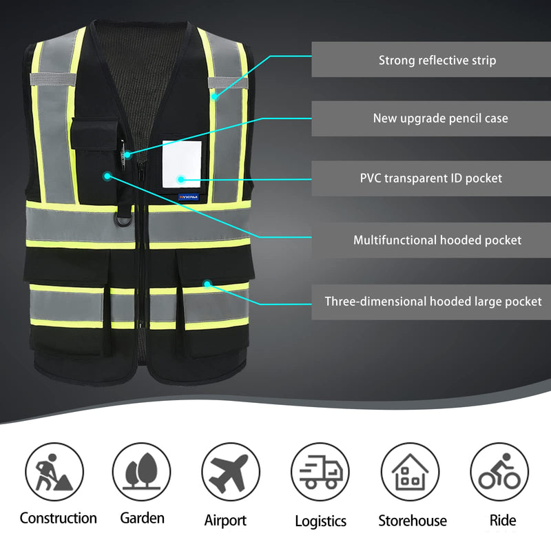 AYKRM Security Vest for Men Women 7 Pockets High Visibility Reflective Safety Vest Front Zipper Meets ANSI/ISEA Black Small