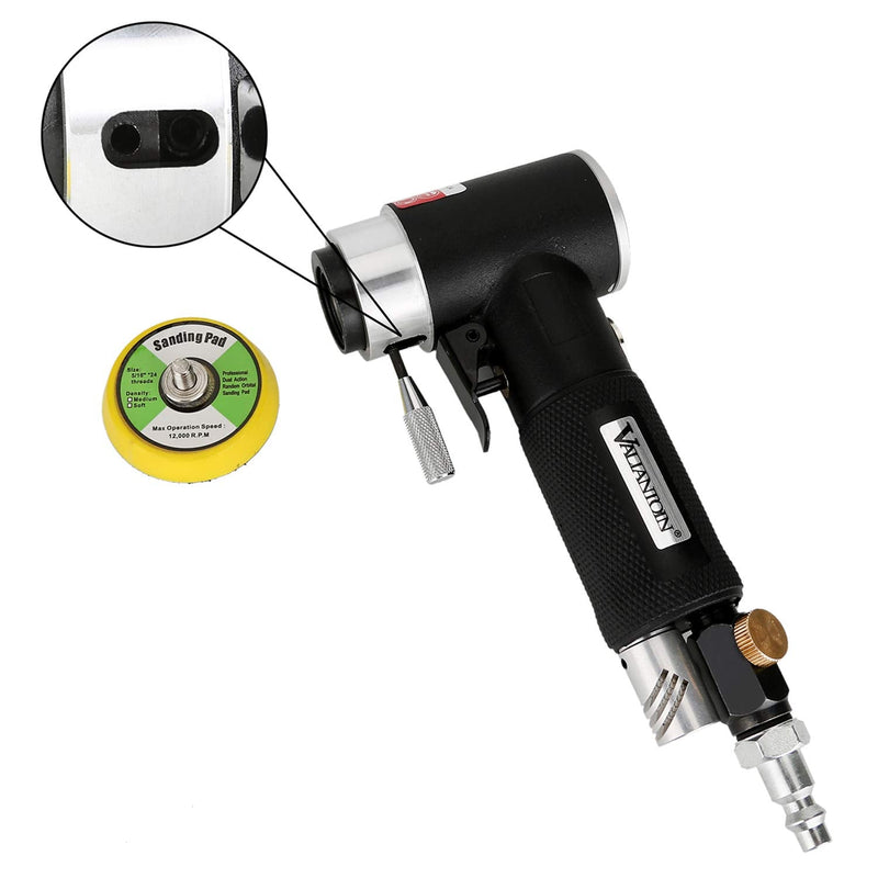 Valianto 2" 3" Mini Air Sander, Pneumatic Sander Random Orbital Eccentric Dual Action Polisher with M6 Thread Plate (2" and 3"),- Adjustable Airflow Valve - US Connector Black
